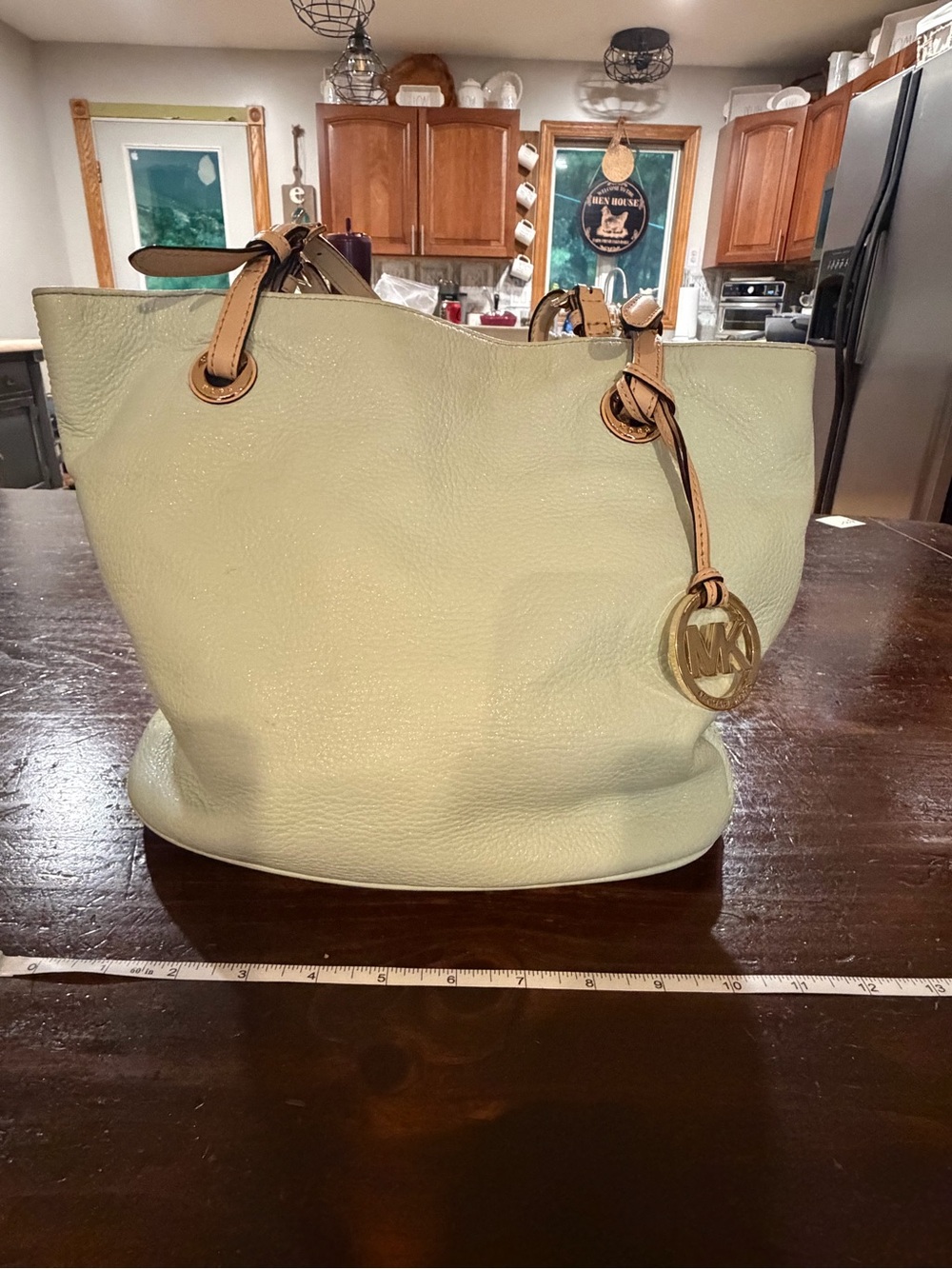 Michael Kors Mint Leather Tote Bag with Tan Trim